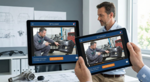 Perito realizando una tasación de daños de vehículo online mediante software de videoperitación en tablet